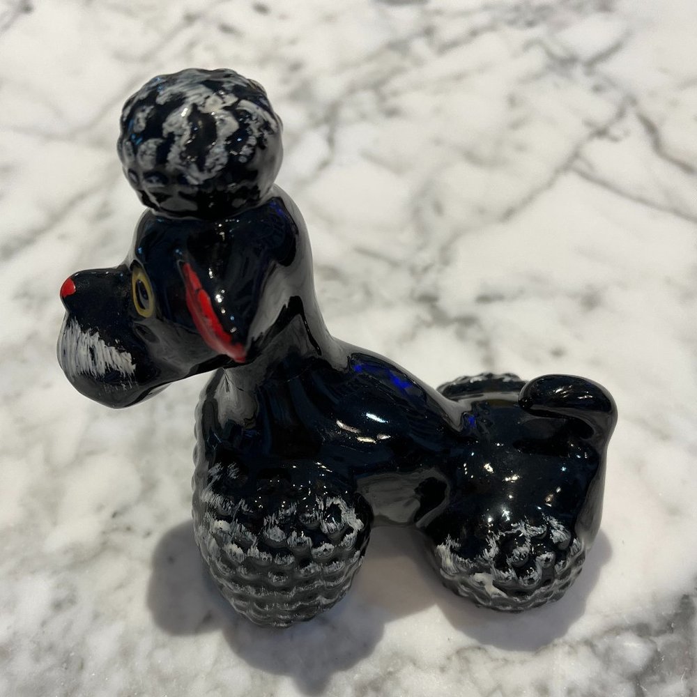 Vintage black/white ceramic poodle with white spots.  50's Mid century